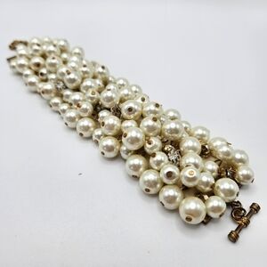 VINTAGE Glass Pearl and Rhinestone Articulated Wide Bead Statement Bracelet